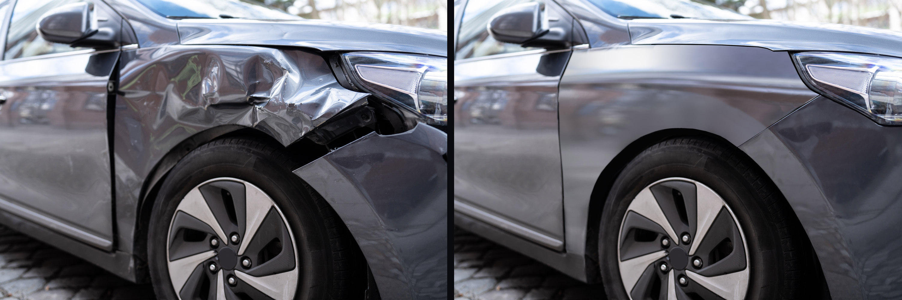 Before and after results of professional collision repair on a grey sedan