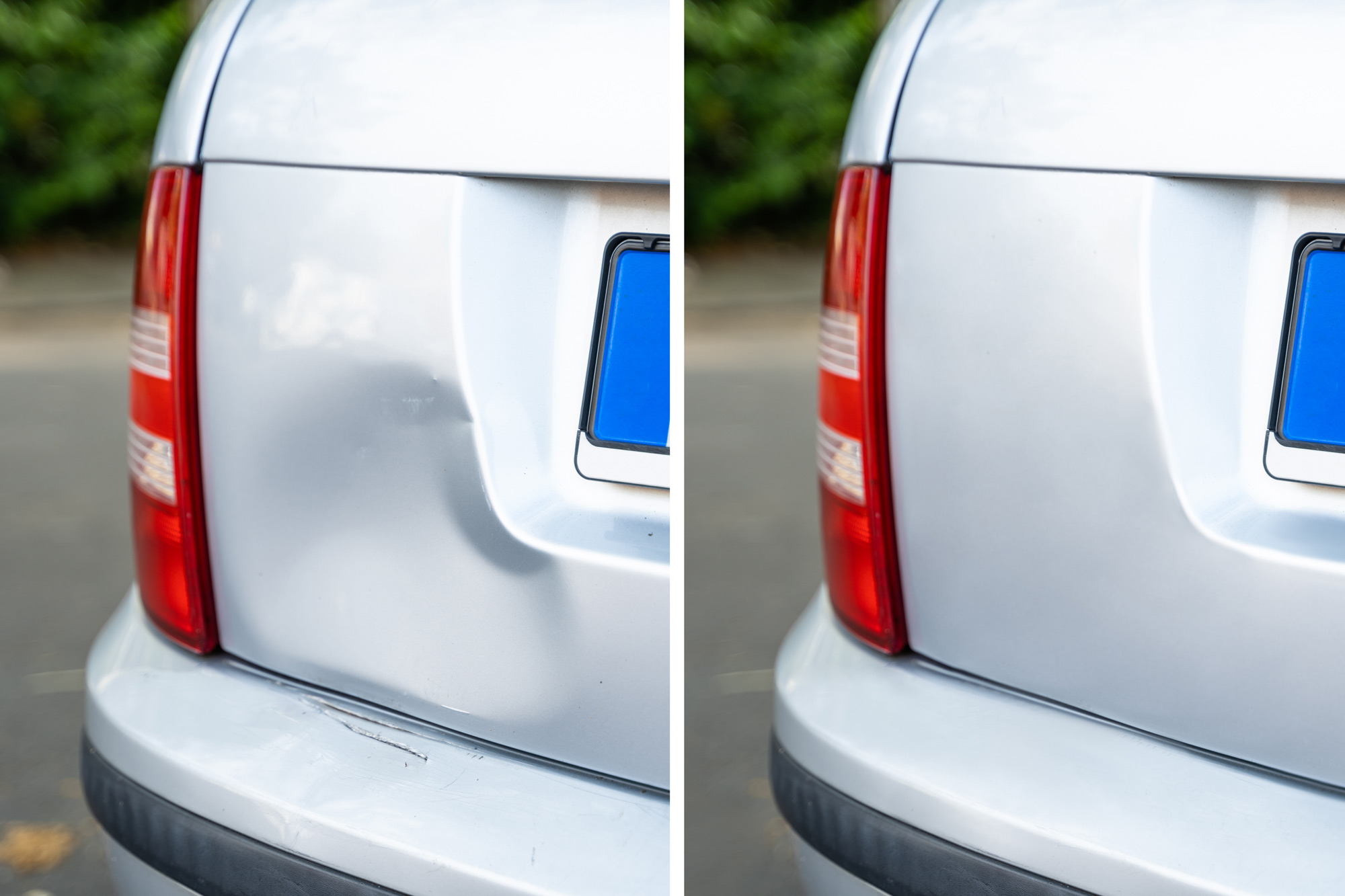 Before and after comparison of dent removal on a sedan.