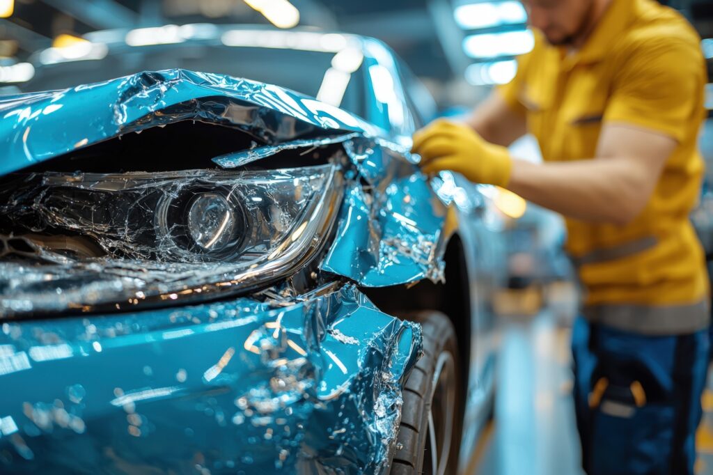 Technician repairing severe front-end collision on a blue vehicle at the best auto body shop near me.